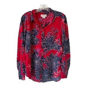 Liz Claiborne Red Navy Floral Long Sleeve Button Down Blouse